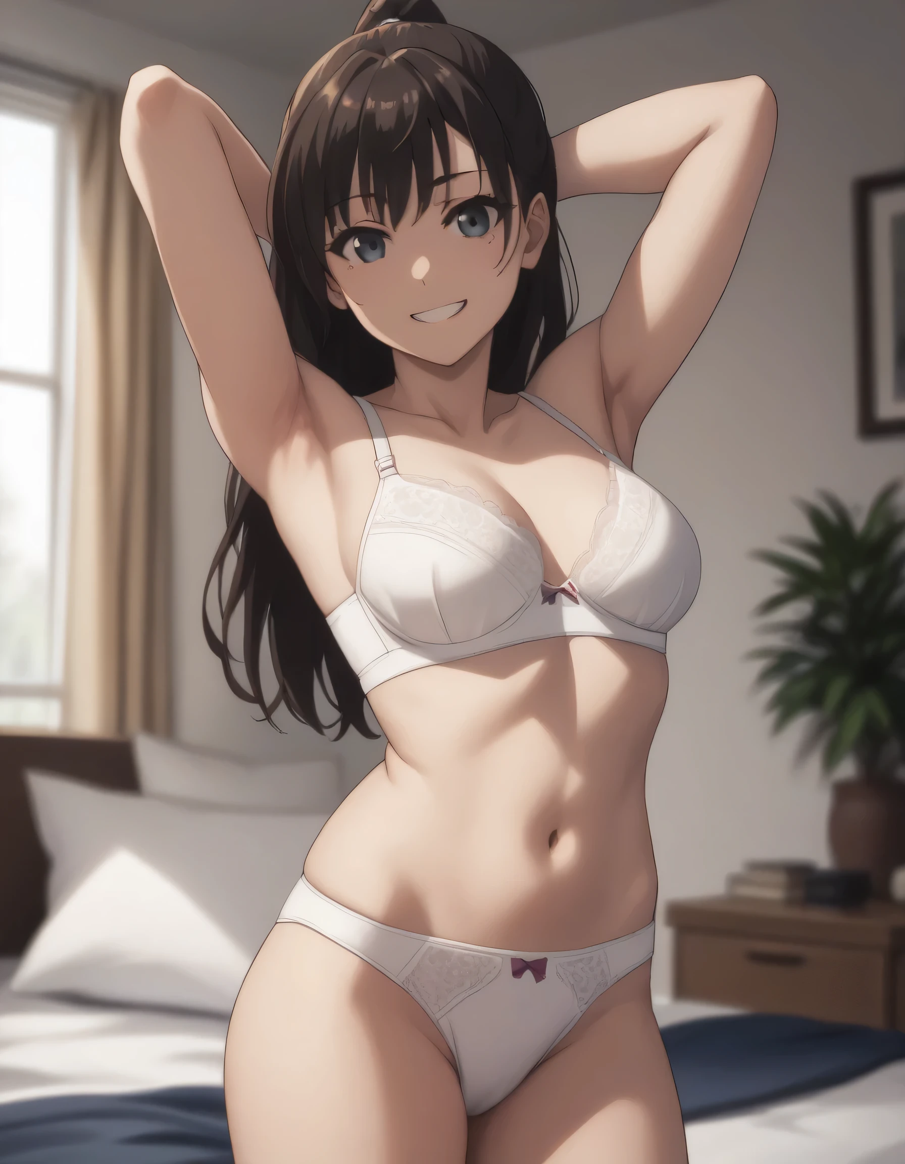 score_9, score_8_up, score_7_up, gsfghtr, white bra, white panties, 1girl, smile, hands behind head, armpit, indoors