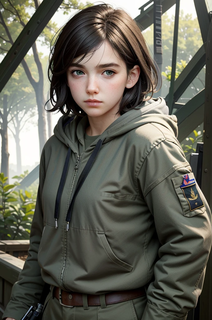 (masterpiece, best quality:1.3)
EllieTLOU2, 1girl, solo, looking at viewer, short hair, brown hair, closed mouth, green eyes, upper body, weapon, outdoors, hood, uniform, lips, gun, military, hood down, plant, portrait, nature, handgun, realistic