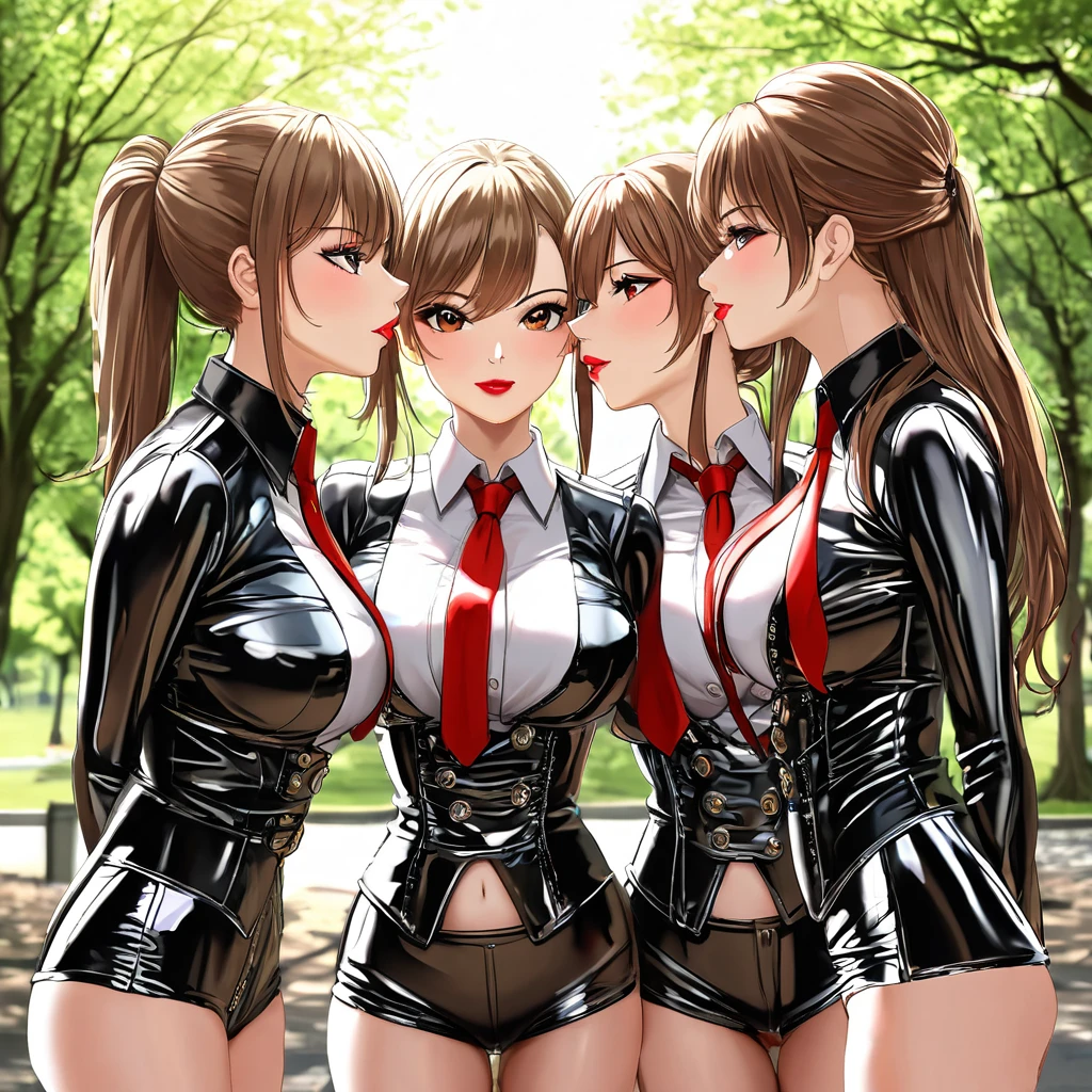 4 girls buttoned in extremely tight shiny silver latex blouse,Necktie, jeanshose, Lens reflection, Reflected light, Close-up, set in the park, Light brown hair,  ponytail ,Make-up,  seductive smile , Red lips, kiss, corset 