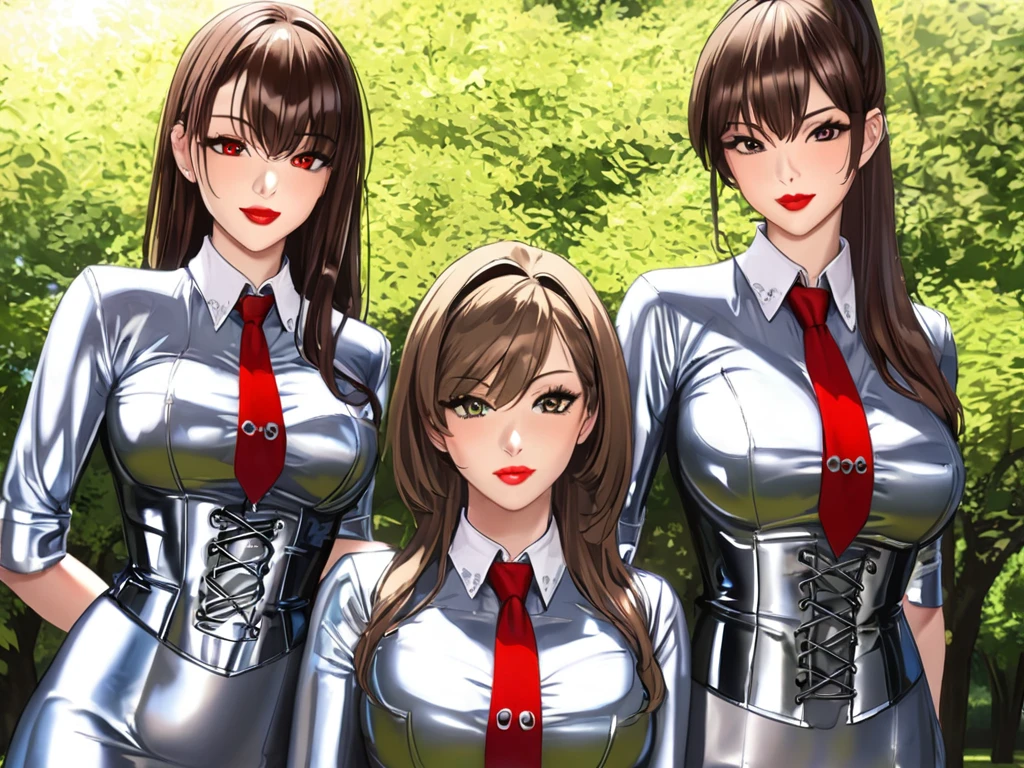 4 girls buttoned in extremely tight shiny silver latex blouse,Necktie, jeanshose, Lens reflection, Reflected light, Close-up, set in the park, Light brown hair,  ponytail ,Make-up,  seductive smile , Red lips, corset 