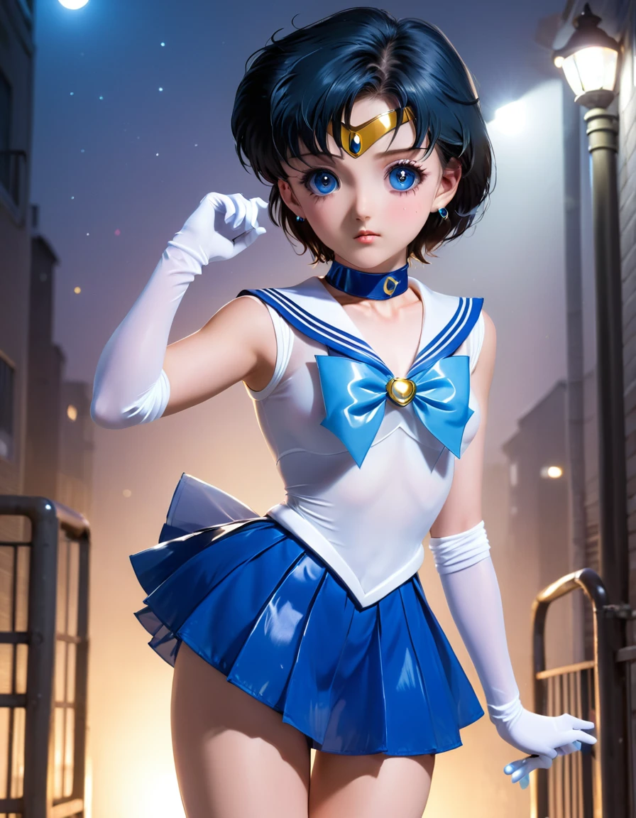 nsfw,(Perfect Anatomy)、Mastepiece、Ultra High Quality、 8k、masterpiece、Highest quality、Ultra-high resolution、Maximum resolution、Very detailed、Professional Lighting、anime、1girl,15歳、thin、Very beautiful face、Very beautiful eyes、(Highly detailed eye)、Highly detailed face、Sailor Mercury、tiara,  rubber is 10 micrometers thick ultra-thin material , rubber Sailor Warrior uniform 、 rubber sheer blue skirt、Blue sailor collar、 rubber knee boots 、choker、 rubber white gloves 、blue choker、jewelry、Earrings、 rubber pleated skirt , gloves,Crisp cameltoe, See-Through Nipples 、 can be seen through 、Under street lights at night 、