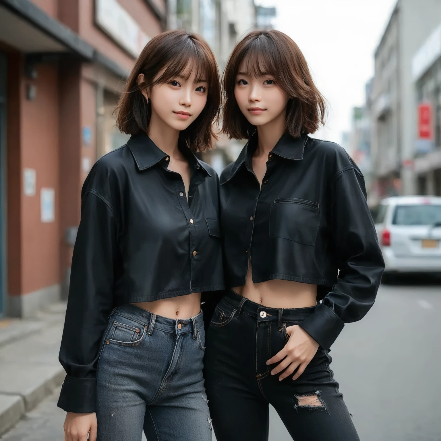 japanese 2 girls, twins of sam tall,posing like a fashion model at the street,(wearing black cropped shirt,Suede leather no collar blouson,damaged denim pants,short boots:2),(photoshoot style, shooting from front, upper knee statue, body facing forward), 26 years old, (toned body type:1.2, tall height 5.35 feet), (normal breast :1.2, hemispherical udder silhouette:1.2), little smiling, perorbital swelling, brown fluffy and wavy short-cut hair, natural bangs, detailed brown eyes, detailed finger, suppin, no make, (photorealsitic:1.4), (high-resolution details of human skin texture:1.2, rough skin:1.2, Uneven skin tone:1.6, skin texture must be natural:1.1), top-quality, ​masterpiece, high resolution, raw photo, natural soft light, professional lighting,IMG-7587.JPG