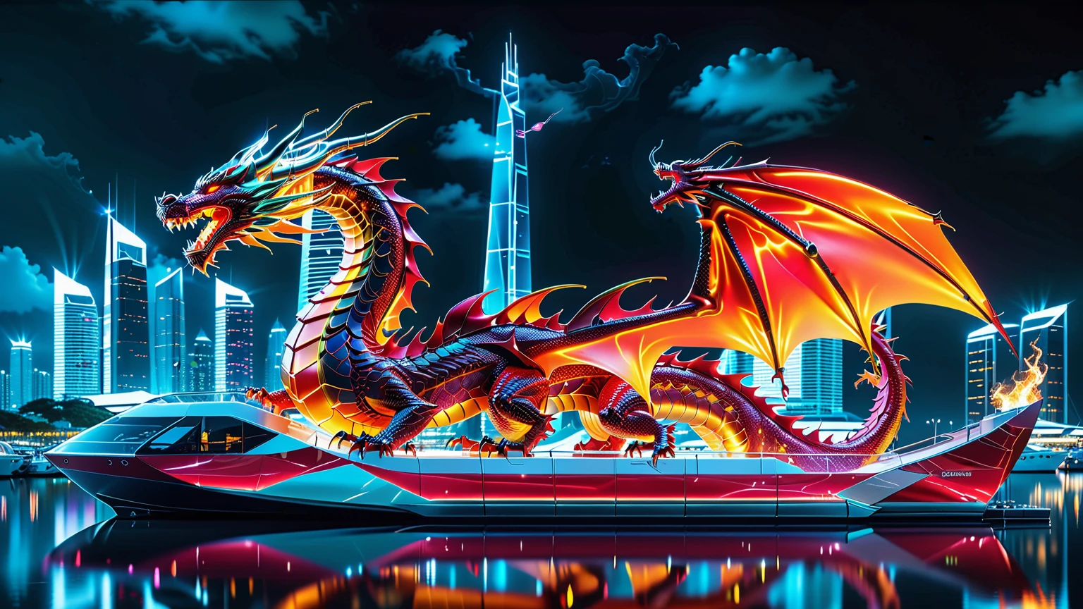 A Masterpiece In 32K Resolution, Supreme Quality, Super Detail, Official Art, Very High-Resolution 32K Wallpaper. Gleaming And Technological, Ultra-Detailed Features. A Majestic Dragon Of Fire, With Fiery Scales That Sparkle Like Rubies Against A Backdrop Of Sleek Glass Towers. Below, An Ultra-Modern Harbor Filled With Sleek, Automated Boats And Neon-Lit Cargo Bays Glows Softly, Illuminated By The City Lights. The Dragon Breathes Flames That Light Up The Night Sky, Creating A Stunning Contrast With The Cool, High-Tech Harbor Scene Below.