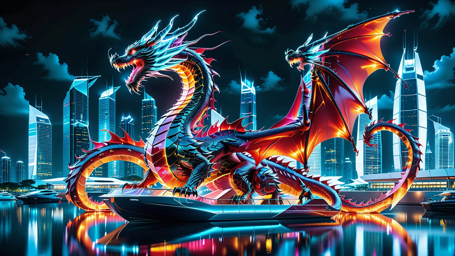 A Masterpiece In 32K Resolution, Supreme Quality, Super Detail, Official Art, Very High-Resolution 32K Wallpaper. Gleaming And Technological, Ultra-Detailed Features. A Majestic Dragon Of Fire, With Fiery Scales That Sparkle Like Rubies Against A Backdrop Of Sleek Glass Towers. Below, An Ultra-Modern Harbor Filled With Sleek, Automated Boats And Neon-Lit Cargo Bays Glows Softly, Illuminated By The City Lights. The Dragon Breathes Flames That Light Up The Night Sky, Creating A Stunning Contrast With The Cool, High-Tech Harbor Scene Below.