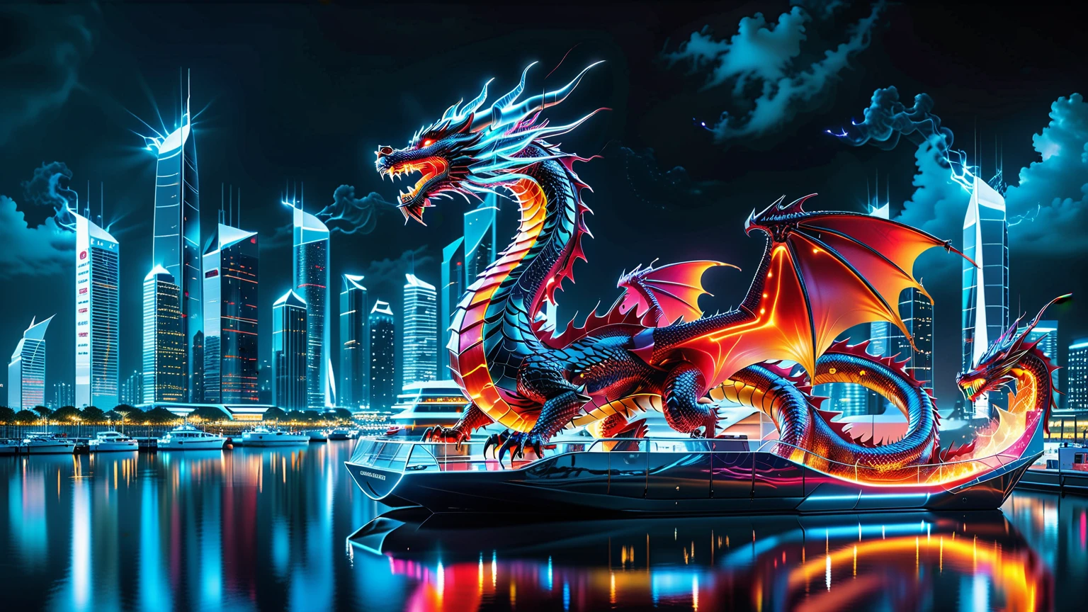 A Masterpiece In 32K Resolution, Supreme Quality, Super Detail, Official Art, Very High-Resolution 32K Wallpaper. Gleaming And Technological, Ultra-Detailed Features. A Majestic Dragon Of Fire, With Fiery Scales That Sparkle Like Rubies Against A Backdrop Of Sleek Glass Towers. Below, An Ultra-Modern Harbor Filled With Sleek, Automated Boats And Neon-Lit Cargo Bays Glows Softly, Illuminated By The City Lights. The Dragon Breathes Flames That Light Up The Night Sky, Creating A Stunning Contrast With The Cool, High-Tech Harbor Scene Below.