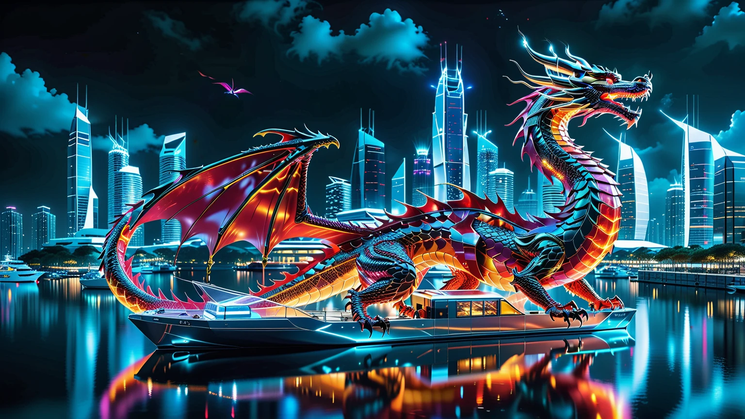 A Masterpiece In 32K Resolution, Supreme Quality, Super Detail, Official Art, Very High-Resolution 32K Wallpaper. Gleaming And Technological, Ultra-Detailed Features. A Majestic Dragon Of Fire, With Fiery Scales That Sparkle Like Rubies Against A Backdrop Of Sleek Glass Towers. Below, An Ultra-Modern Harbor Filled With Sleek, Automated Boats And Neon-Lit Cargo Bays Glows Softly, Illuminated By The City Lights. The Dragon Breathes Flames That Light Up The Night Sky, Creating A Stunning Contrast With The Cool, High-Tech Harbor Scene Below.