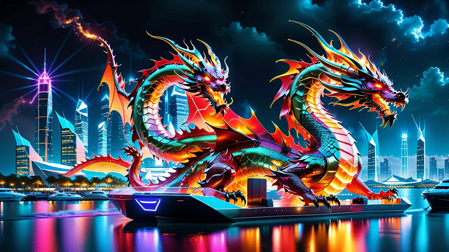 A Masterpiece In 32K Resolution, Supreme Quality, Super Detail, Official Art, Very High-Resolution 32K Wallpaper. Gleaming And Technological, Ultra-Detailed Features. A Majestic Dragon Of Fire, With Fiery Scales That Sparkle Like Rubies Against A Backdrop Of Sleek Glass Towers. Below, An Ultra-Modern Harbor Filled With Sleek, Automated Boats And Neon-Lit Cargo Bays Glows Softly, Illuminated By The City Lights. The Dragon Breathes Flames That Light Up The Night Sky, Creating A Stunning Contrast With The Cool, High-Tech Harbor Scene Below.