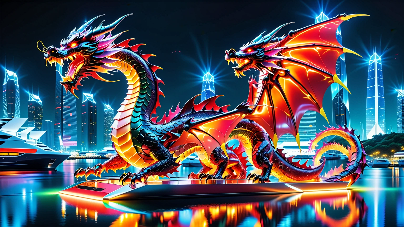 A Masterpiece In 32K Resolution, Supreme Quality, Super Detail, Official Art, Very High-Resolution 32K Wallpaper. Gleaming And Technological, Ultra-Detailed Features. A Majestic Dragon Of Fire, With Fiery Scales That Sparkle Like Rubies Against A Backdrop Of Sleek Glass Towers. Below, An Ultra-Modern Harbor Filled With Sleek, Automated Boats And Neon-Lit Cargo Bays Glows Softly, Illuminated By The City Lights. The Dragon Breathes Flames That Light Up The Night Sky, Creating A Stunning Contrast With The Cool, High-Tech Harbor Scene Below.