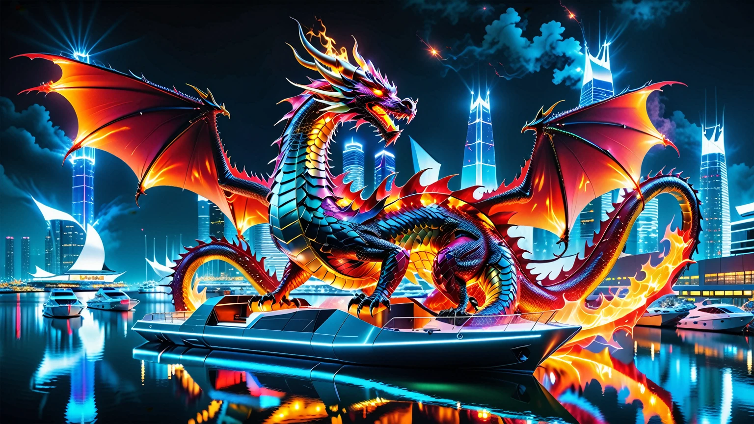 A Masterpiece In 32K Resolution, Supreme Quality, Super Detail, Official Art, Very High-Resolution 32K Wallpaper. Gleaming And Technological, Ultra-Detailed Features. A Majestic Dragon Of Fire, With Fiery Scales That Sparkle Like Rubies Against A Backdrop Of Sleek Glass Towers. Below, An Ultra-Modern Harbor Filled With Sleek, Automated Boats And Neon-Lit Cargo Bays Glows Softly, Illuminated By The City Lights. The Dragon Breathes Flames That Light Up The Night Sky, Creating A Stunning Contrast With The Cool, High-Tech Harbor Scene Below.