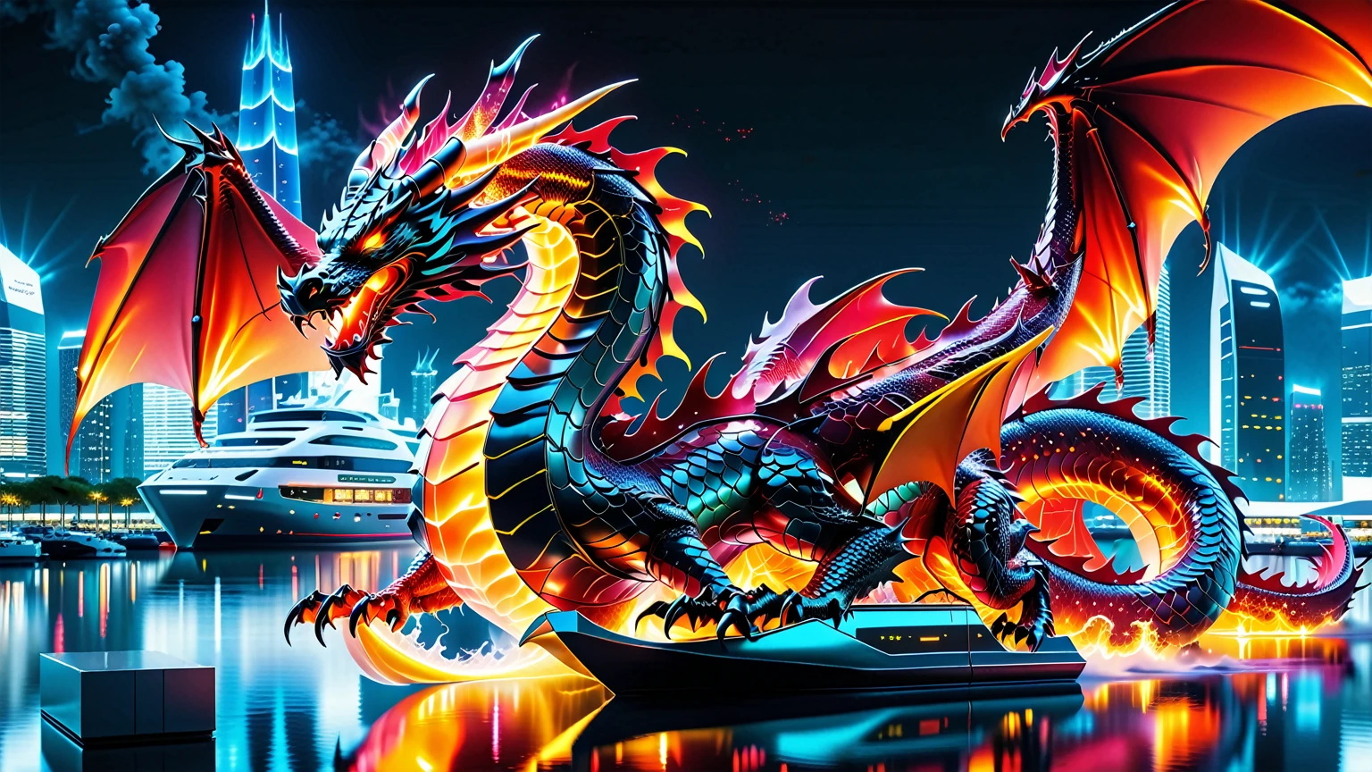 A Masterpiece In 32K Resolution, Supreme Quality, Super Detail, Official Art, Very High-Resolution 32K Wallpaper. Gleaming And Technological, Ultra-Detailed Features. A Majestic Dragon Of Fire, With Fiery Scales That Sparkle Like Rubies Against A Backdrop Of Sleek Glass Towers. Below, An Ultra-Modern Harbor Filled With Sleek, Automated Boats And Neon-Lit Cargo Bays Glows Softly, Illuminated By The City Lights. The Dragon Breathes Flames That Light Up The Night Sky, Creating A Stunning Contrast With The Cool, High-Tech Harbor Scene Below.