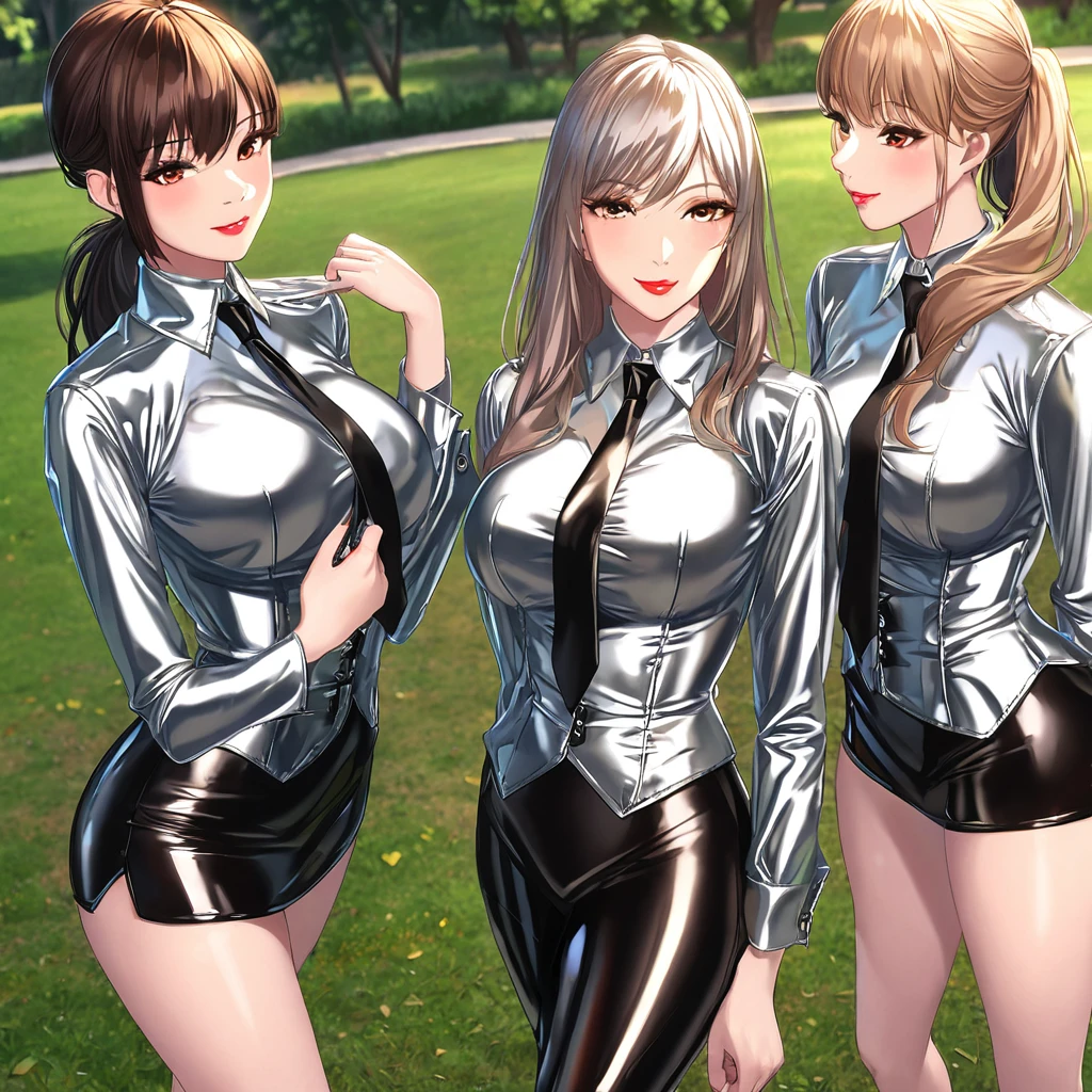 4 girls buttoned in extremely tight shiny silver latex blouse,Necktie, jeanshose, Lens reflection, Reflected light, Close-up, set in the park, Light brown hair,  ponytail ,Make-up,  seductive smile , Red lips, corset 