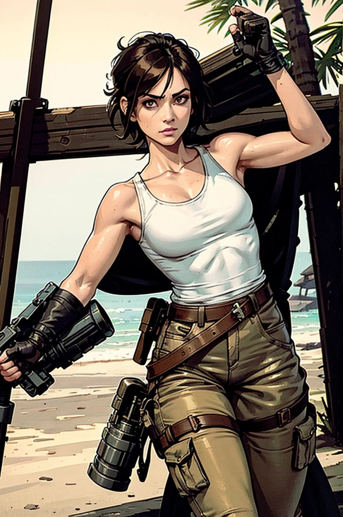 a military woman, well trained body, white sleeveless t-shirt, Exposed collarbone, beige leather shelter, blue pants, two leather belts with gun pockets, dark brown hair, carving, Brown eyes, hazel left eye, left eye with a scar, beach shore, at daytime, walking towards the viewer, serious expression, threatening expression looking at viewer, sparkling beach, palm trees around, leather gloves on his hands, In a post-apocalyptic environment, post - apocalyptic cowgirl, Post - Apocalyptic style, Post apocalyptic clothing, pose, post-apocalyptic, Postapocalyptic style, post apocalyptic grunge, Post - Apocalyptic Scavenger. (Ultra quality) 8k quality, detailed, perfect light, perfect angle, perfect sharpness.