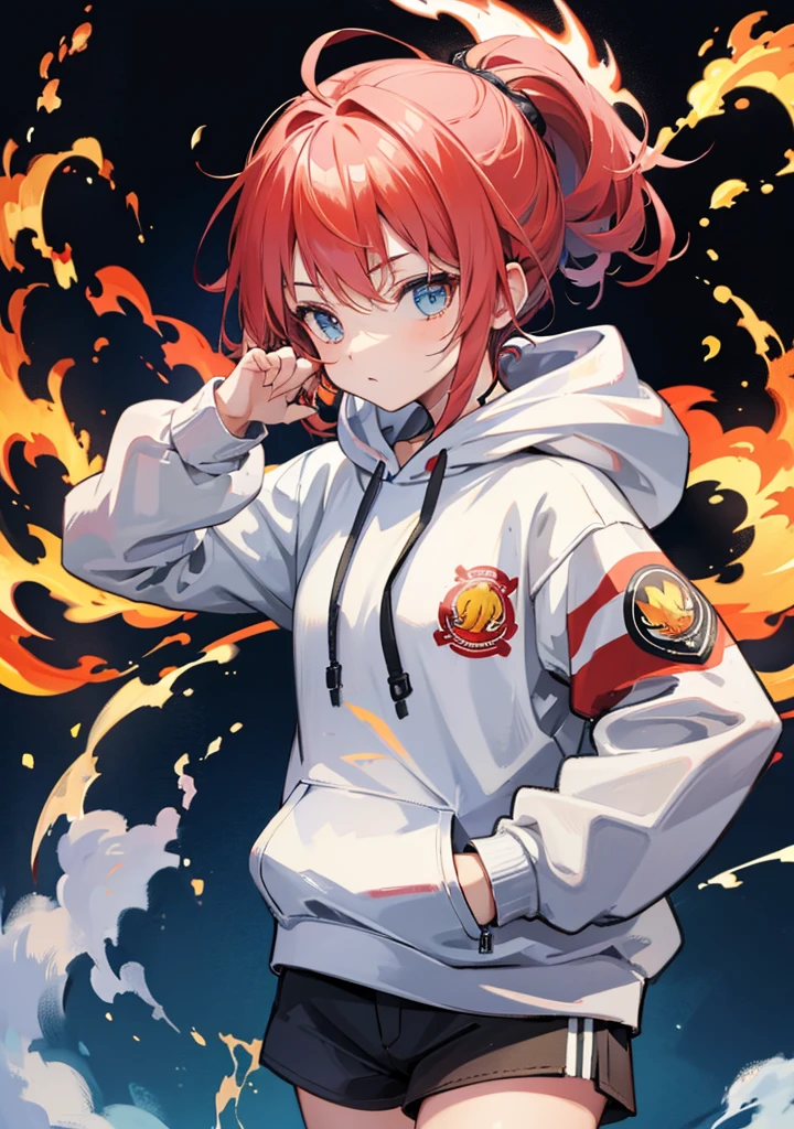  girl,Flames from hands,( smaller),Looks strong,rough hoodie , relaxed look, is cool,(Best Quality)