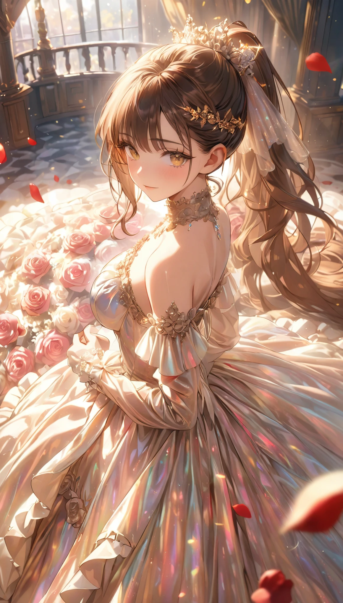 ((best quality, Masterpiece, highest details)), Young woman, Medium bust, brown hair, yellow eyes, ((long hair, ponytail)), handsome face, (Clear skin), Long eyelashes, Thick eyelashes, princess, Many roses, Many rose petals, Pearlescent shine clothes, Pearlescent shine accessorys, super detailed dress, dress with many ruffles, victorian dress, detailed victorian dress, glitter effect, Lens Flare