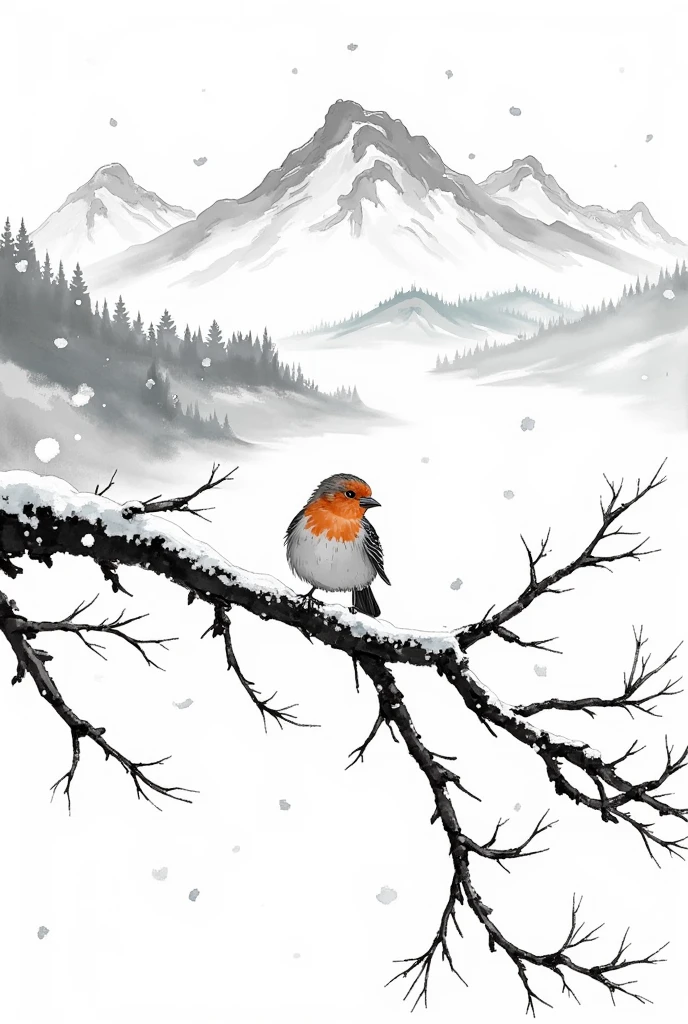 a detailed ink painting of a small sparrow perched on a winter branch, a cold snowy mountain landscape, falling snow, 8K, highly detailed, refined design, minimalist, monochrome, delicate brushstrokes, serene, tranquil, natural, realistic, photorealistic