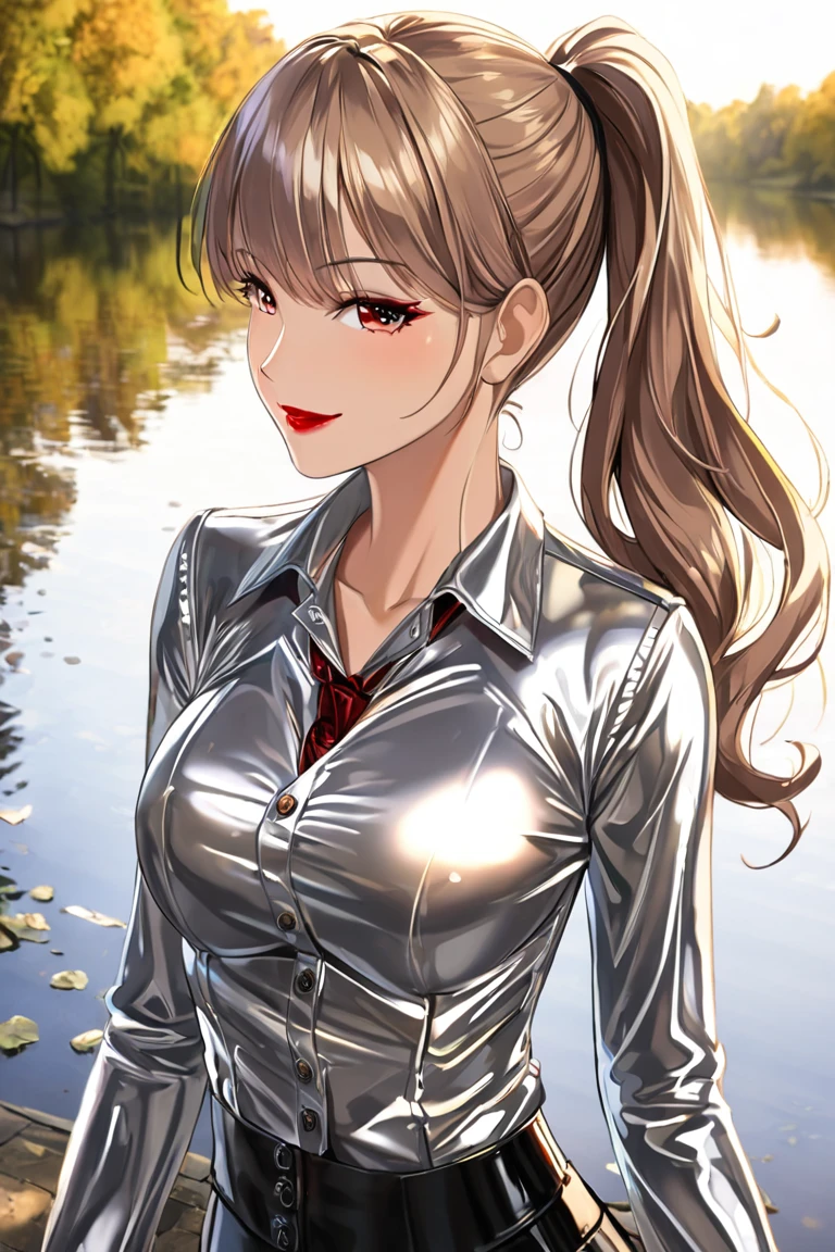 1 girl buttoned in extremely tight shiny silver metallic blouse,Necktie, jeanshose, Lens reflection, Reflected light, Close-up, set in the park, Light brown hair,  ponytail ,Make-up,  seductive smile , Red lips, corset 