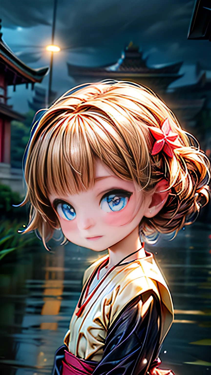 (8k, RAW photo, best quality, masterpiece:1.2), (realistic, photo-realistic:1.37),st. louis (luxurious wheels) (azur lane),1girl,(myanmar girl), (aegyo sal:1),hair ornament, portrait, (Myanmar traditional cloths:1.1), necklace, blue nails,cute,cityscape, night, rain, wet, professional lighting, photon mapping, radiosity, physically-based rendering, backgrounds SHWEDIGON Pagoda