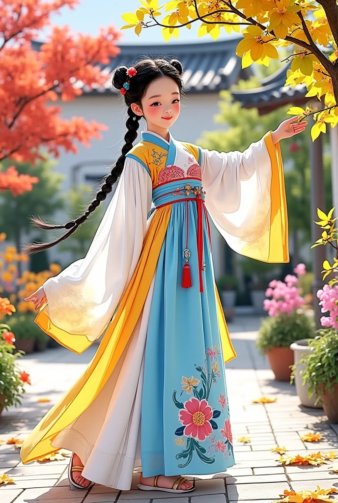 A beautiful Chinese woman wearing hanfu dancing in an autumnal garden, serene beauty, 8K, highly detailed, masterpiece, photorealistic, cinematic lighting, vibrant colors, intricate embroidery, graceful movements, elegant pose, natural surroundings, lush foliage, warm sunlight, depth of field