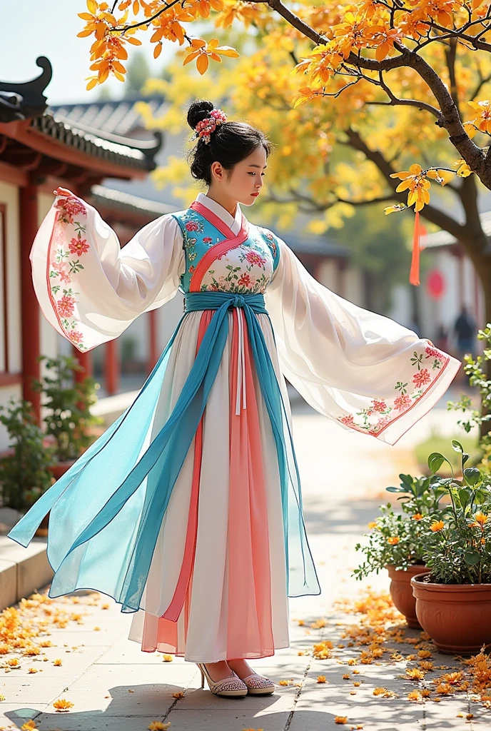 A beautiful Chinese woman wearing hanfu dancing in an autumnal garden, serene beauty, 8K, highly detailed, masterpiece, photorealistic, cinematic lighting, vibrant colors, intricate embroidery, graceful movements, elegant pose, natural surroundings, lush foliage, warm sunlight, depth of field