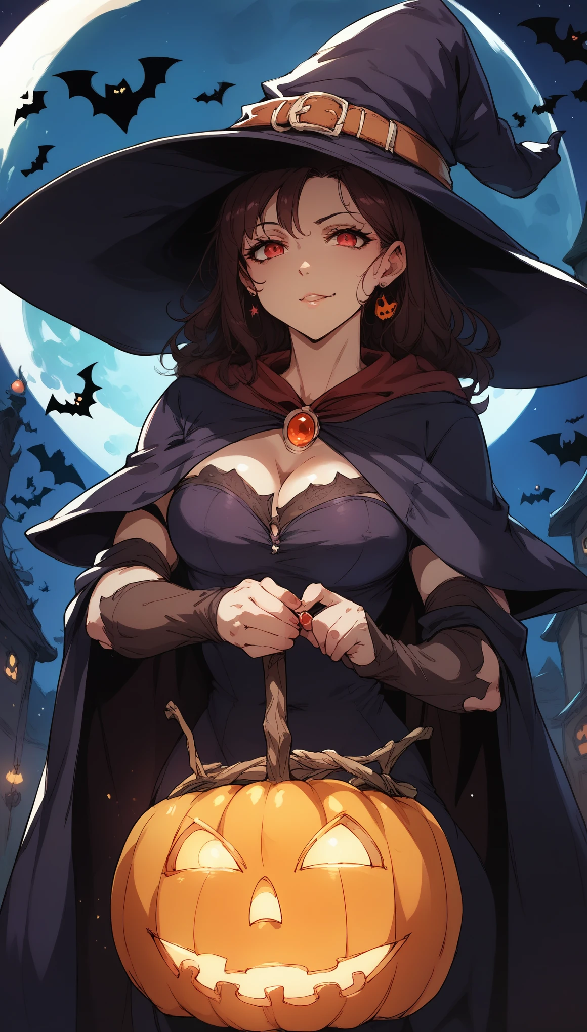 Red witch outfit, witch outfit, sideways, witch wand, witch's pointed hat, Halloween night, full moon