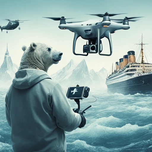 a illustration of an Icebear (dplot), holding a remote controll , with the Titanic in the background , 