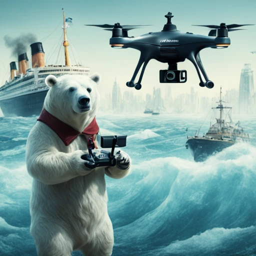 a illustration of an Icebear (dplot), holding a remote controll , with the Titanic in the background , 