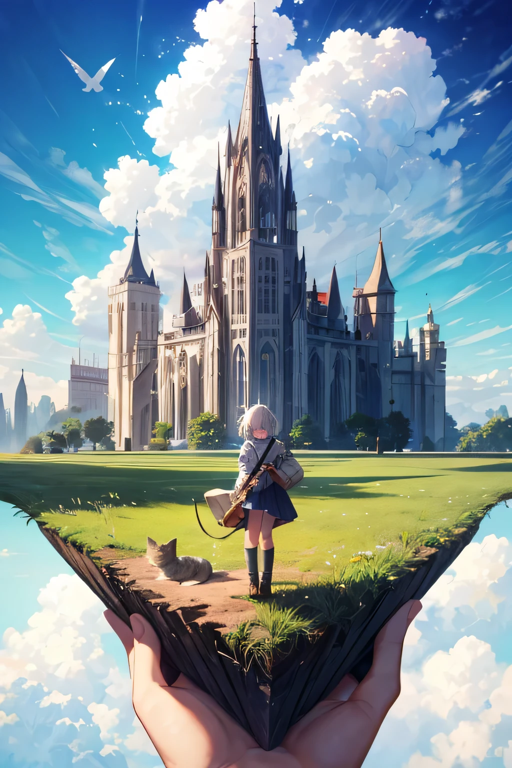 beautiful view over a field full of vegetation and a kitten with her zen playing in the field , And in the center of the field is nailed my sword , and in the distance a large and very tall tower built on an abyss of earth very beautiful view, on a dirt road , and the sky full of clouds very beautiful paranoid view