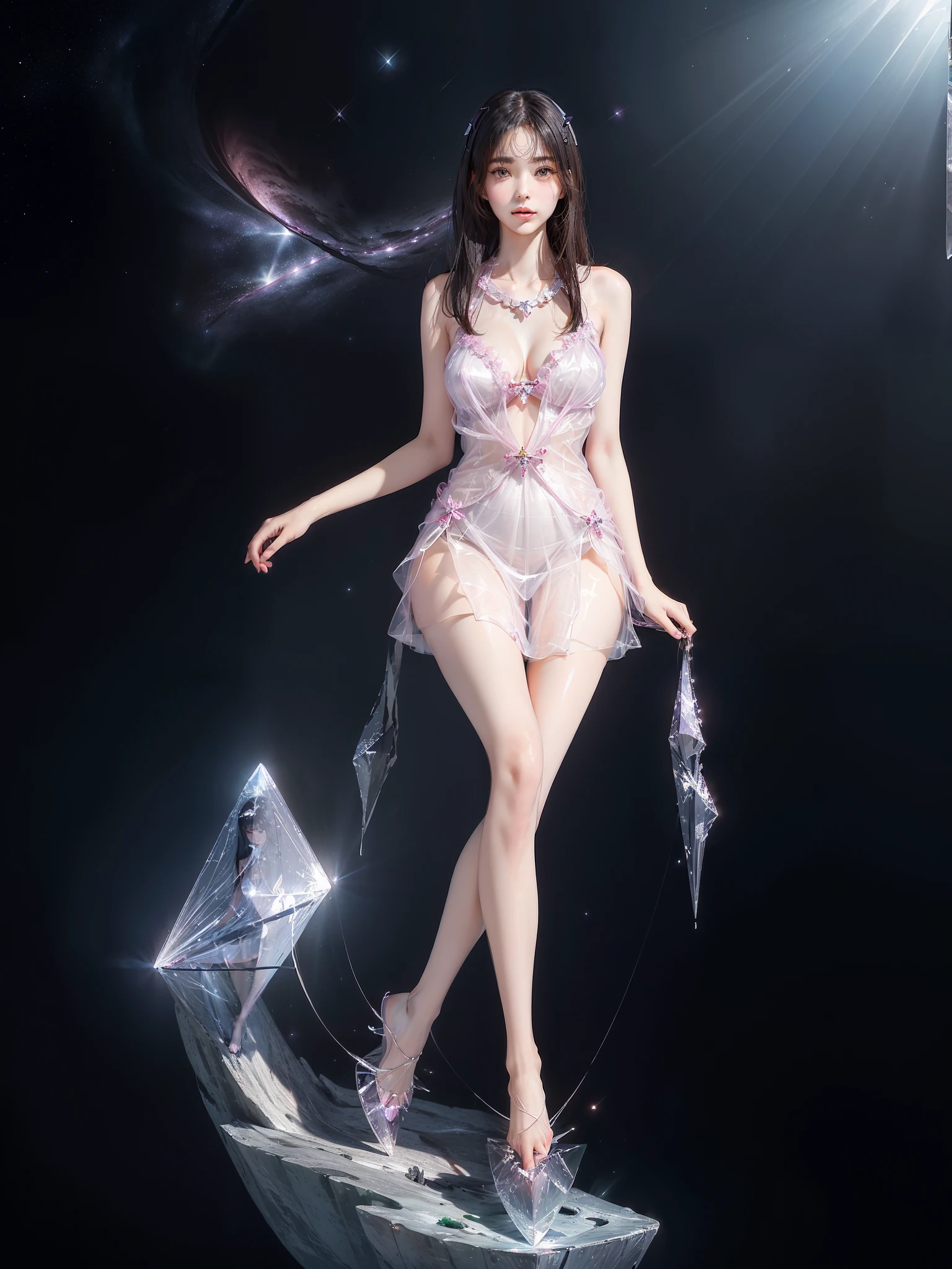 nogizaka_costume ((full body)), hyperrealistic beautiful young woman, ((Full breasts, visible cleavage)), (Exquisite heels), (night scene:1.3), full body shot, ((graceful sitting pose:1.4)), ((crossed legs, relaxed pose)), floating on a ((large hexagonal translucent crystal platform:1.3)), ((platform emitting soft ethereal glow)), suspended in space, (galaxy background:1.2), (stars:1.3), nebula clouds, cosmic dust, (long slender legs:1.4), perfect body proportions, ((elegant spine posture:1.2)),  ((weight shifted slightly to one side)), wearing a flowing ethereal dress, bare shoulders, (detailed skin texture:1.2), soft ambient lighting, stellar glow, perfect composition, 8k, masterpiece, (sharp focus:1.2), cinematic lighting, professional photography