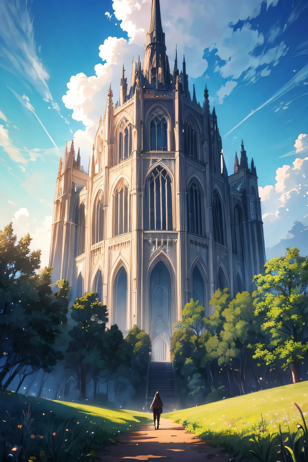 beautiful view of a field full of vegetation , And in the center of the field is nailed my sword , and in the distance a large and very tall tower built on an abyss of earth very beautiful view, on a dirt road , and the sky full of clouds very beautiful paranoid view
