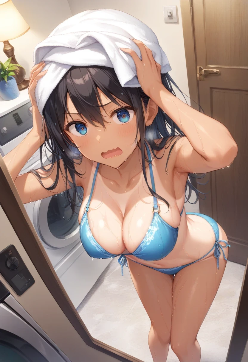 core 9, score 8 up, score 7 up, source anime, high-res image,
cute face, clear skin, shiny hair, ultra detailed eyes,
bathrobe, thighs, bikini , bra panty ,
tanline, one-piece tanline, dark skin,
ichijou hotaru, non non biyori,
black hair, long hair, hair between eyes, swept bangs, middle breasts,
collarbone, cleavage, (wet body, sweaty body, sweaty breast:1.4),
blush, embarrassed, surprised emotion, surprised eyes, surprised mark, motion lines, ?!,
heavy breathing, white breathing, sensual, alluring, wavy mouth, shouting, screaming,
(towel on head, hands on head:1.2), bent over,
scenery, indoors, plant, door, tiles, shelf,
washing machine, bottle, lamp, cabinet, tile floor,
looking to viewer, from above, from door, dutch angle, dynamic angle,
(masterpiece), best quality, extremely detailed, ultra-detailed, nsfw,
official art, extremely detailed CG unity 8k wallpaper, perfect lighting, cinematic lighting,