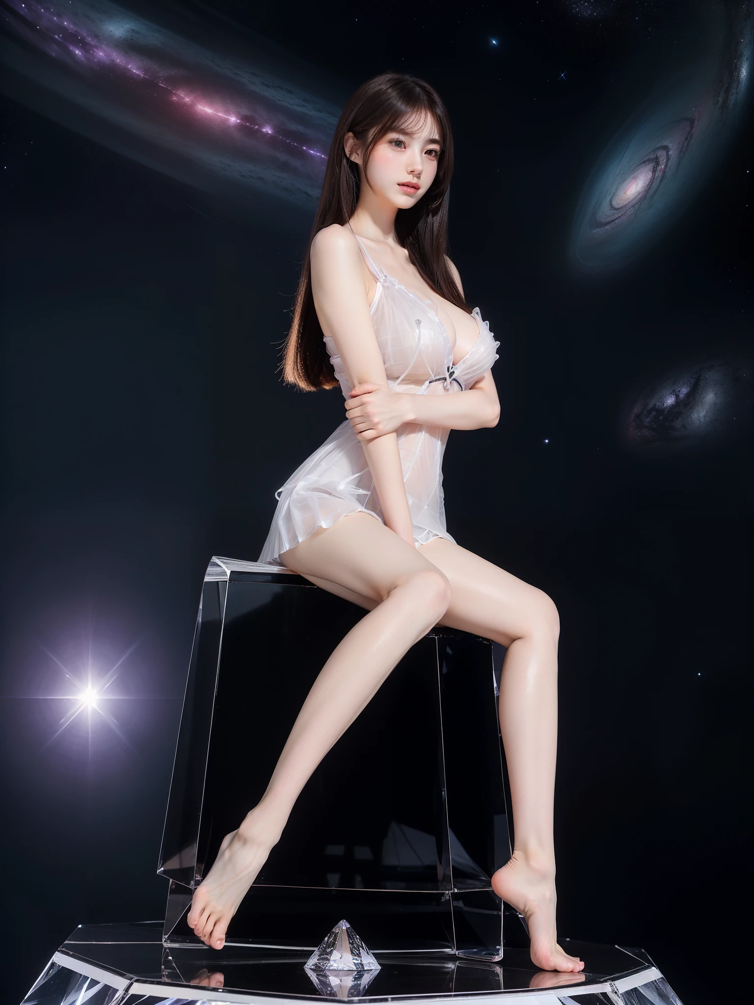 nogizaka_costume ((full body)), hyperrealistic beautiful young woman, ((Full breasts, visible cleavage)), (Exquisite heels), (night scene:1.3), full body shot, ((graceful sitting pose:1.4)), ((crossed legs, relaxed pose)), floating on a ((large hexagonal translucent crystal platform:1.3)), ((platform emitting soft ethereal glow)), suspended in space, (galaxy background:1.2), (stars:1.3), nebula clouds, cosmic dust, (long slender legs:1.4), perfect body proportions, ((elegant spine posture:1.2)),  ((weight shifted slightly to one side)), wearing a flowing ethereal dress, bare shoulders, (detailed skin texture:1.2), soft ambient lighting, stellar glow, perfect composition, 8k, masterpiece, (sharp focus:1.2), cinematic lighting, professional photography