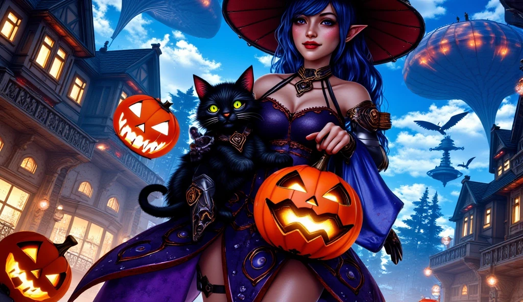 A female kod wearing halloween costume (witch) holding a cat, in haloween town (night time). Holding a pumpkin lantern.