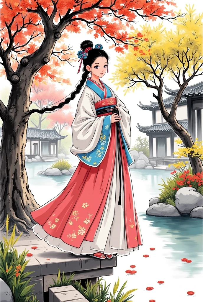 Ink painting, Monochrome, Artwork, A beautiful Chinese woman wearing Hanfa dancing in an autumnal garden, serene beauty, 8K, highly detailed, masterpiece, photorealistic, cinematic lighting, vibrant colors, intricate embroidery, graceful movements, elegant pose, natural surroundings, lush foliage, warm sunlight, depth of field