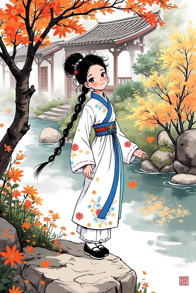 Ink painting, Monochrome, Artwork, A beautiful Chinese woman wearing Hanfa dancing in an autumnal garden, serene beauty, 8K, highly detailed, masterpiece, photorealistic, cinematic lighting, vibrant colors, intricate embroidery, graceful movements, elegant pose, natural surroundings, lush foliage, warm sunlight, depth of field