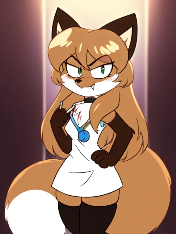 uploaded the e621, beautiful and detailed, woman (((female))) ((anthro)) Fox, (Averi, Fox girl), cinematic lighting, Fox, (anthro, fluffy fur), anthro fox girl, body fur, curvy, sexy, nice, cute, hot, comfortable anime-style cartoon-style, digital drawing, SFW, flat chest, green eyes, angry, smiling, nervous smile, sassy, sassy hips, (smug), fangs, looking at viewer, ((doctor uniform)), wearing a long white doctor's uniform that is open revealing her fluffy chest, wearing dress, wearing stethoscope on neck, wearing surgical headlight on head, (wearing sexy striped thigh highs, striped thigh high socks, wearing white coat)