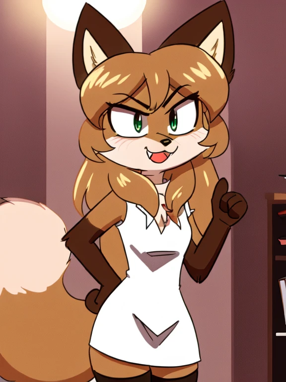 uploaded the e621, beautiful and detailed, woman (((female))) ((anthro)) Fox, (Averi, Fox girl), cinematic lighting, Fox, (anthro, fluffy fur), anthro fox girl, body fur, curvy, sexy, nice, cute, hot, comfortable anime-style cartoon-style, digital drawing, SFW, flat chest, green eyes, angry, smiling, nervous smile, sassy, sassy hips, (smug), fangs, looking at viewer, ((doctor uniform)), wearing a long white doctor's uniform that is open revealing her fluffy chest, wearing dress, wearing stethoscope on neck, wearing surgical headlight on head, (wearing sexy striped thigh highs, striped thigh high socks, wearing white coat)