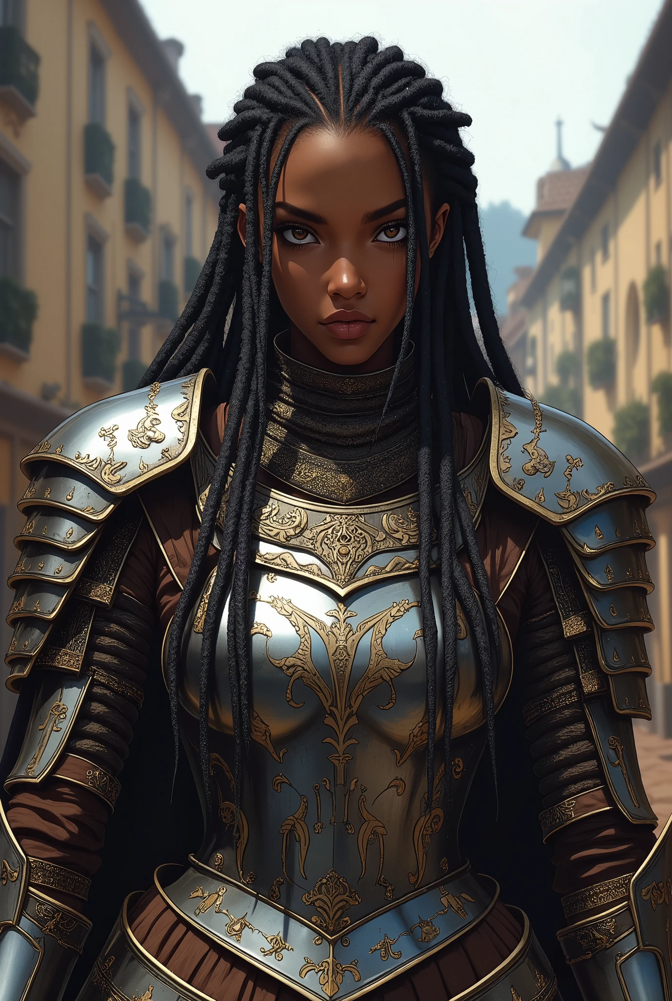 masterpiece, ultimate detailed, tiny finnest details,
Beautiful, Black Woman, 20-years-old, Black skin, brown hair Dreadlocks, brown eyes,,  With a serious look, (wearing full plate dress armor), Background: Medieval Town, Full body, Conceptual art, UHD, masterpiece, anatomically correct, high details, super detail, high quality, highres, 4K, 8k, fantasy concept art, illustration, Dungeons and Dragons original concept art, fantasy illustration, looking at the viewer with an arrogant expression, smirk, 