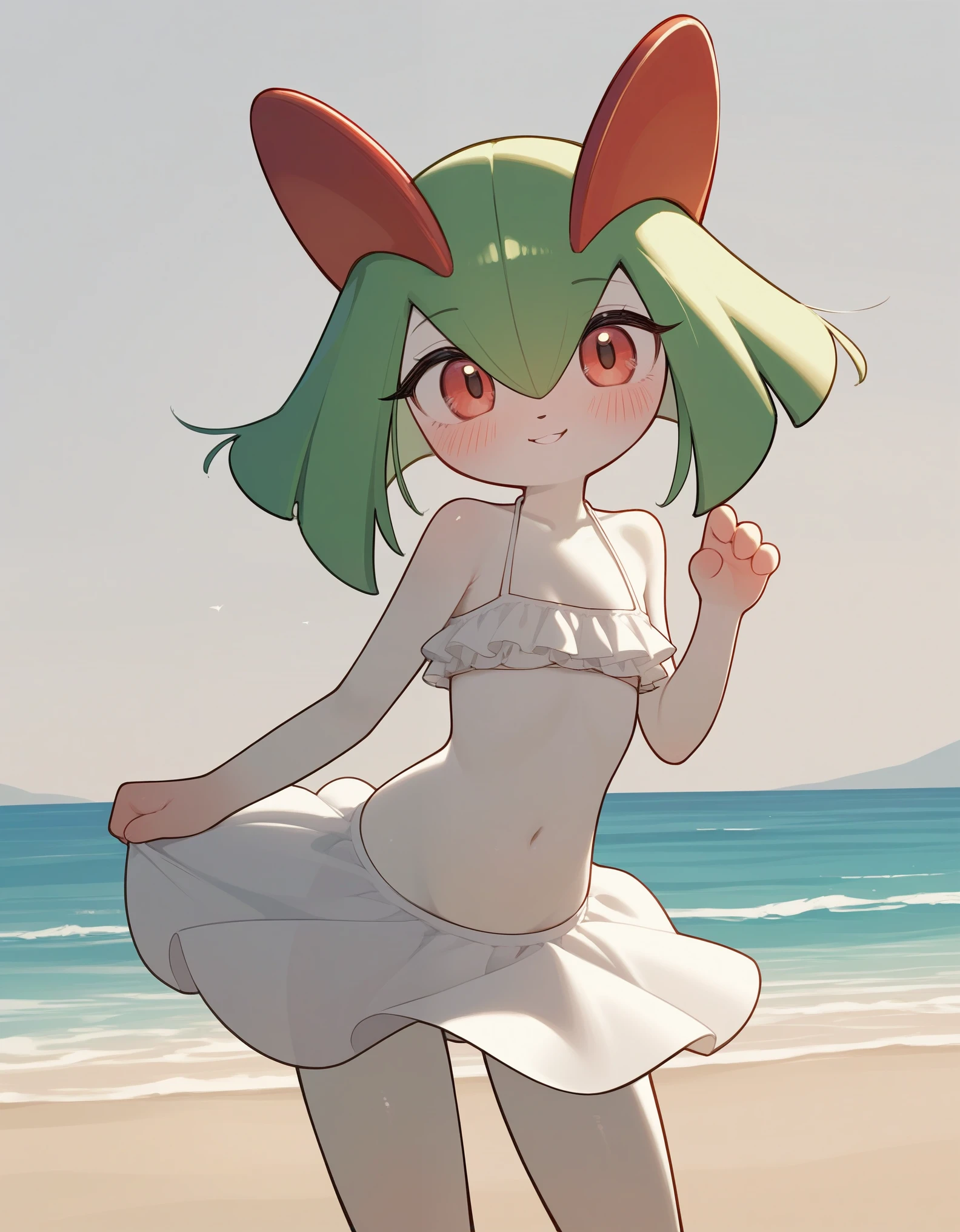score_9, score_8_up, 1girl, kirlia, happy, full body, outdoors, human proportions, looking at viewer, by diives, pregnant, pregnancy, shy smile, mirada tranquila, tranquila, walking, beach, exposed belly, bikini, black swimsuit, black bikini, shy smile, shy. fetal movement, kicks in belly, kicks, fetal kick, kick on belly, baby kicking, solo, 1girl, lumps in the belly.