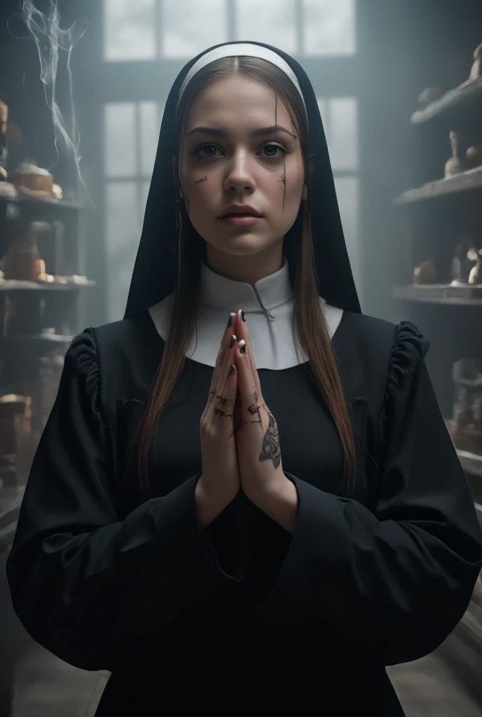 The image is a highly detailed, digital artwork featuring a young woman with a pale complexion and long, straight brown hair. She is dressed in a traditional nun's habit, characterized by a black veil and a white collar. She is genuflecting in a misty ethereal workshop. Her eyes are heavily lined with black eyeshadow, giving her a dramatic, gothic appearance. She is holding her hands up in various positions, wisps of smoke curl upwards from the hands, adding a sense of motion and realism. Her nails are painted black with macro-detailed intricate religious designs on them, matching the dark theme of her makeup and attire. Her hands feature several intricate black tattoos, including a skull and roses design. The lighting is soft yet focused, highlighting the textures of her skin and the intricate details of her tattoos. The overall style is a blend of realism and hyper-realism, capturing the subject's intense expression and the intricate, dark aesthetic.