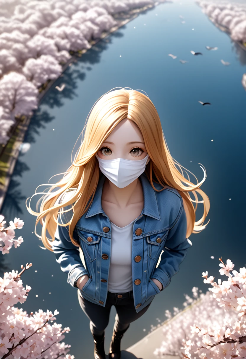 Pinhole photography, Realistic animation, Tilt-shift lens effect,   1 Girl,   long hair with a black gradient to golden hair ,White mask、Head wearing a buffalo horn 、Cherry blossoms、Denim Jacket、Denim shirt、Denim trousers、 put your hands in the coat pocket  ,   black boots ,   float in the sky overlooking the earth , From above,  focus on the face and eyes ,  super detailed,  Line Art , 。