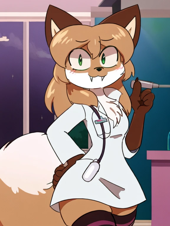 uploaded the e621, beautiful and detailed, woman (((female))) ((anthro)) Fox, (Averi, Fox girl), cinematic lighting, Fox, (anthro, fluffy fur), anthro fox girl, body fur, curvy, sexy, nice, cute, hot, comfortable anime-style cartoon-style, digital drawing, SFW, flat chest, green eyes, angry, smiling, nervous smile, sassy, sassy hips, (smug), fangs, looking at viewer, ((doctor uniform, wearing long white lab coat, open lab coat revealing chest, wearing white dress)), wearing a long white doctor's uniform that is open revealing her fluffy chest, wearing dress, wearing stethoscope on neck, wearing surgical headlight on head, (wearing sexy striped thigh highs, striped thigh high socks)