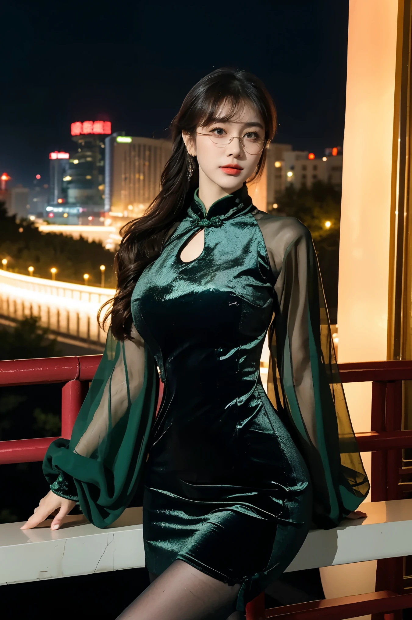 ltra-detailed,highly detailed,best quality,masterpiece,illustration,realistic,photorealistic,
whqp, qipao, solo, 1girl, 
(green dress:1.2),(green sleeves:1.2), crossdressing, 
chinese clothes, china dress, see-through sleeves, (huge breasts:1.2),long sleeves, cleavage cutout, pantyhose, round eyewear, side slit, 
long hair, bangs,
looking at viewer,cowboy shot, 
outdoors, city,night,city lights, street, 
 