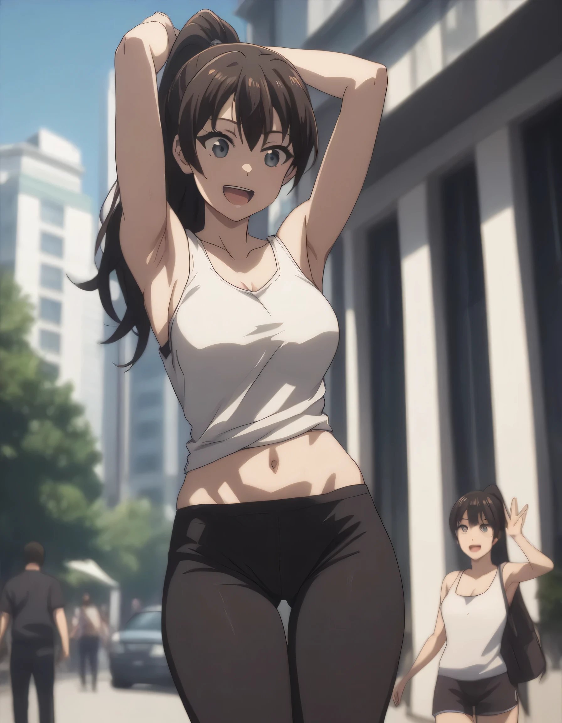 score_9, score_8_up, score_7_up, gsfghtr, ponytail, white tank top, black panties, 1girl, smile, open mouth, (navel), black pants, building, (armpit), (thigh)