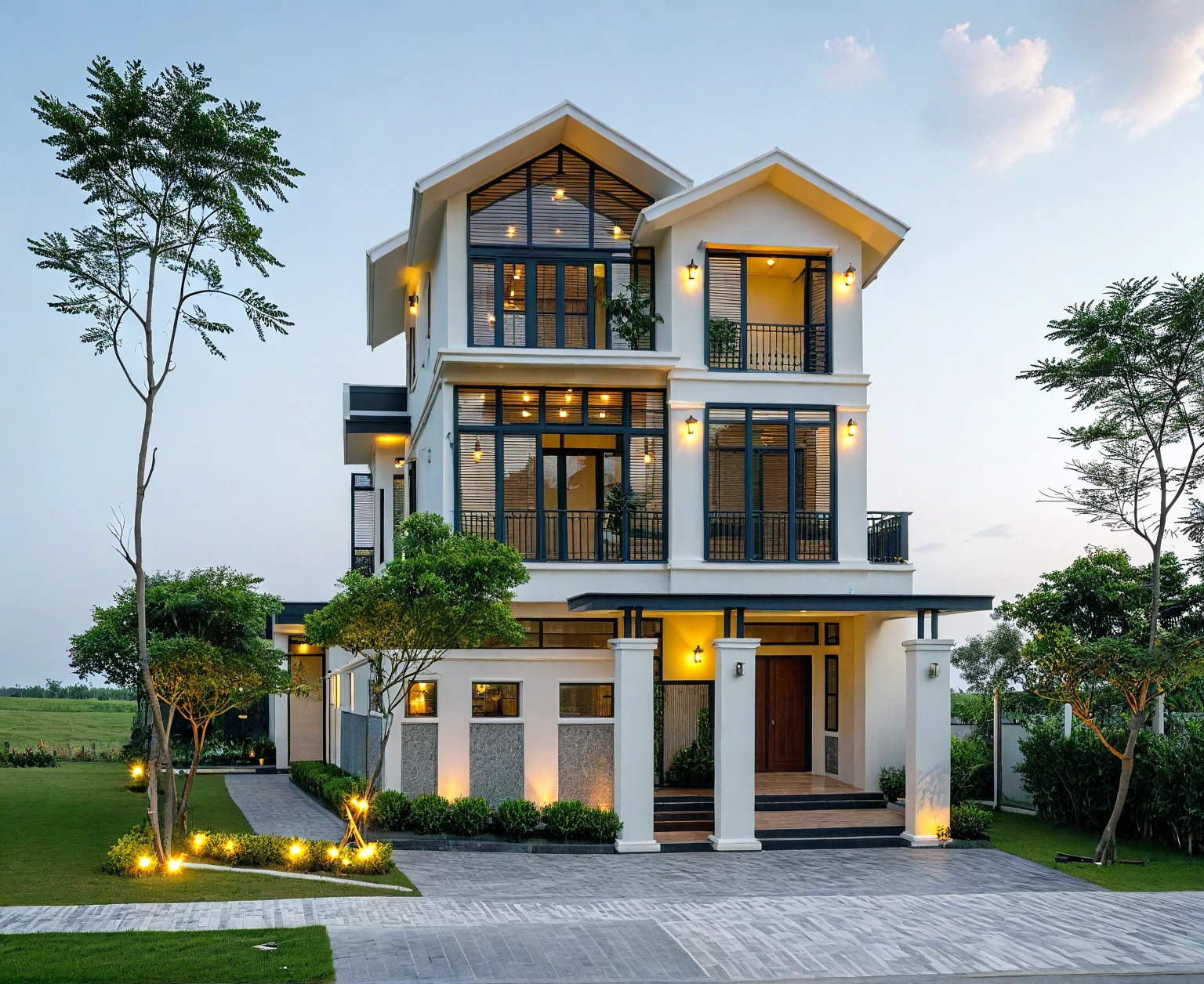 Masterpiece, high-end, best quality, authentic, super detailed, outdoor, aiaigroup, neoclassical villa style, stairs, white walls combined with conwood, wind encaustic tiles, green tiles, iron gates, conwood ceilings , flowers, path, summer evening, grass, trees, sky, clouds, (daylight: 1.1)