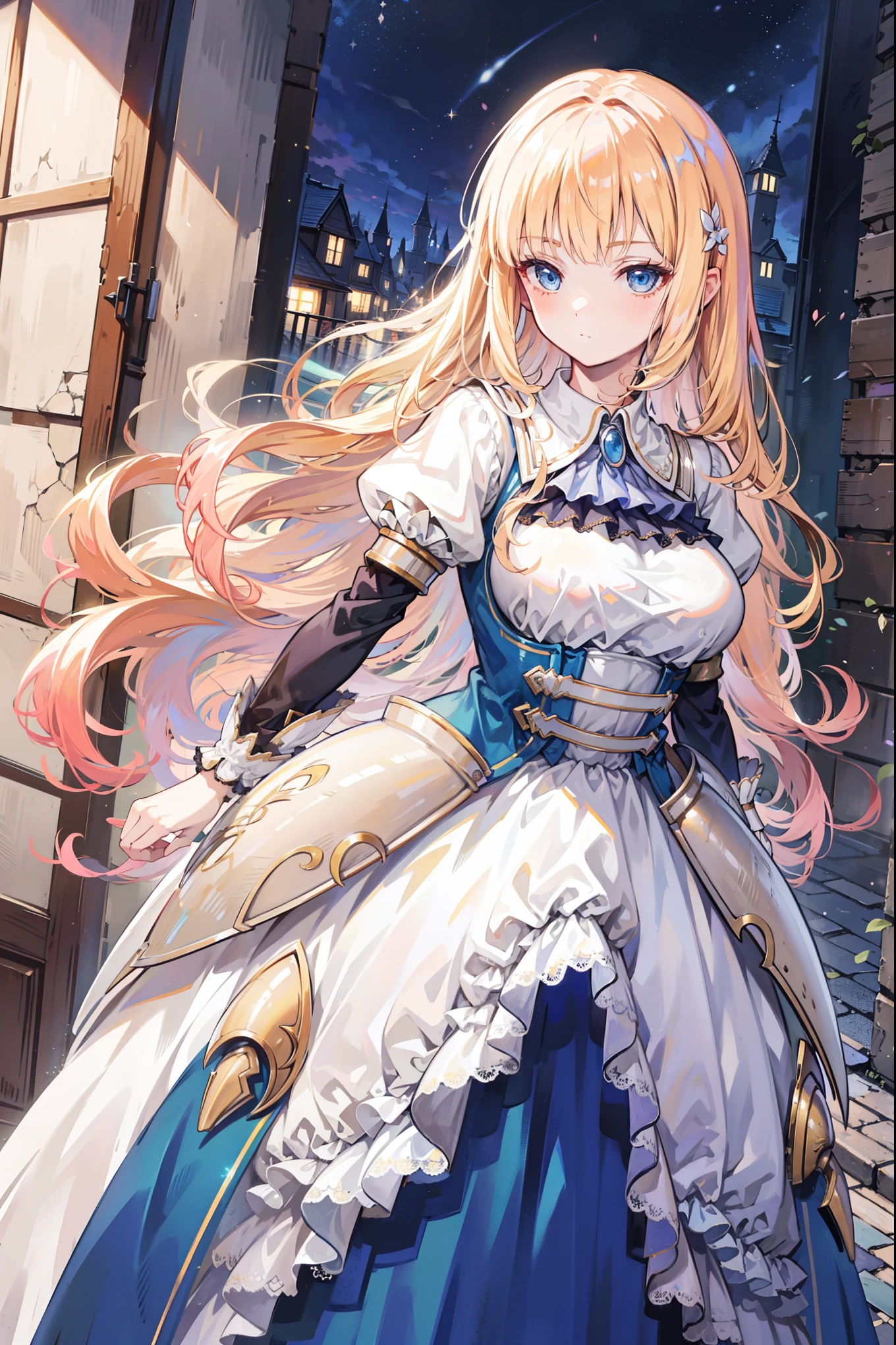 Become a，Fantasy Princess，obsessed， plump chest ，in love，sacred，( and a white princess dress:1.3)，Blonde hair and blue eyes， blue eyes，Great Sword，Holy Sword，Super super details，Ruffles，Lots of Lace，(Stripes on clothes:1.2)，(Dress nicely:1.1)，(Layered Skirt),Transparent clothing，Beautiful and delicate face， movie lighting，night，The only person，Lace,(shine:1.2), ( best quality ), (masterpiece:1.2),shine宝石, Gentle, Gentle, Charm，In the restaurant，gourmet food，goddess, ,, Gentle, group，SFW skirt，