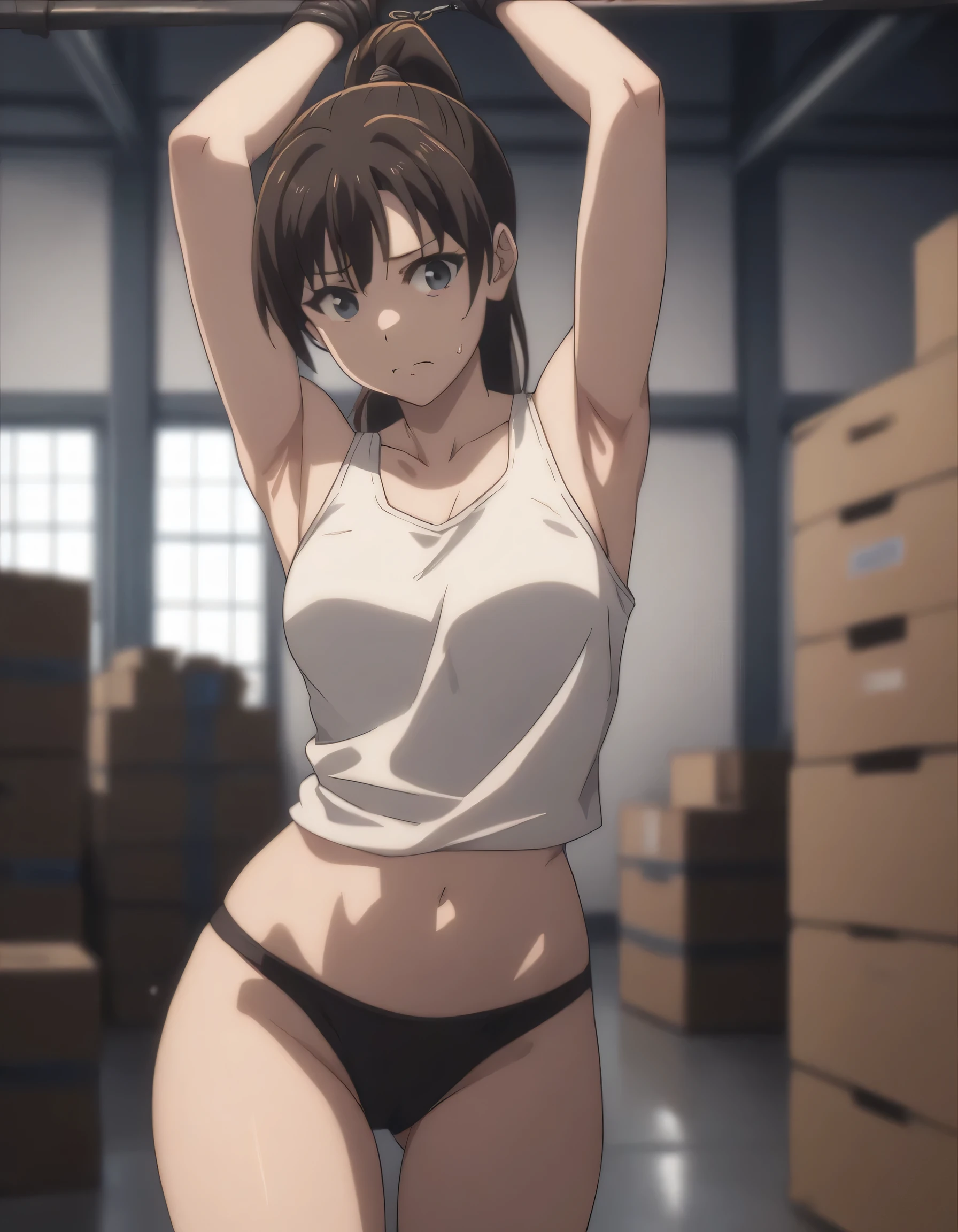 score_9, score_8_up, score_7_up, gsfghtr, ponytail, white tank top, black panties, 1girl, (navel), black panties, warehouse, (armpit), (thigh), bondage