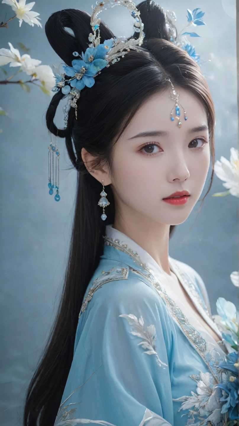 A girl in a blue dress，Close-up of a woman ，Wearing flowers on the head, (( Beautiful fantasy queen )),  Beautiful digital illustrations ,  Beautiful fantasy queen , Inspired by Qiu Ying, palace ， Girl wearing Hanfu, Inspired by Huang Ji, Beautiful young wind spirit  , xianxia fantasy,  inspired by Ma Yuyuan , Inspired by Lan Ying