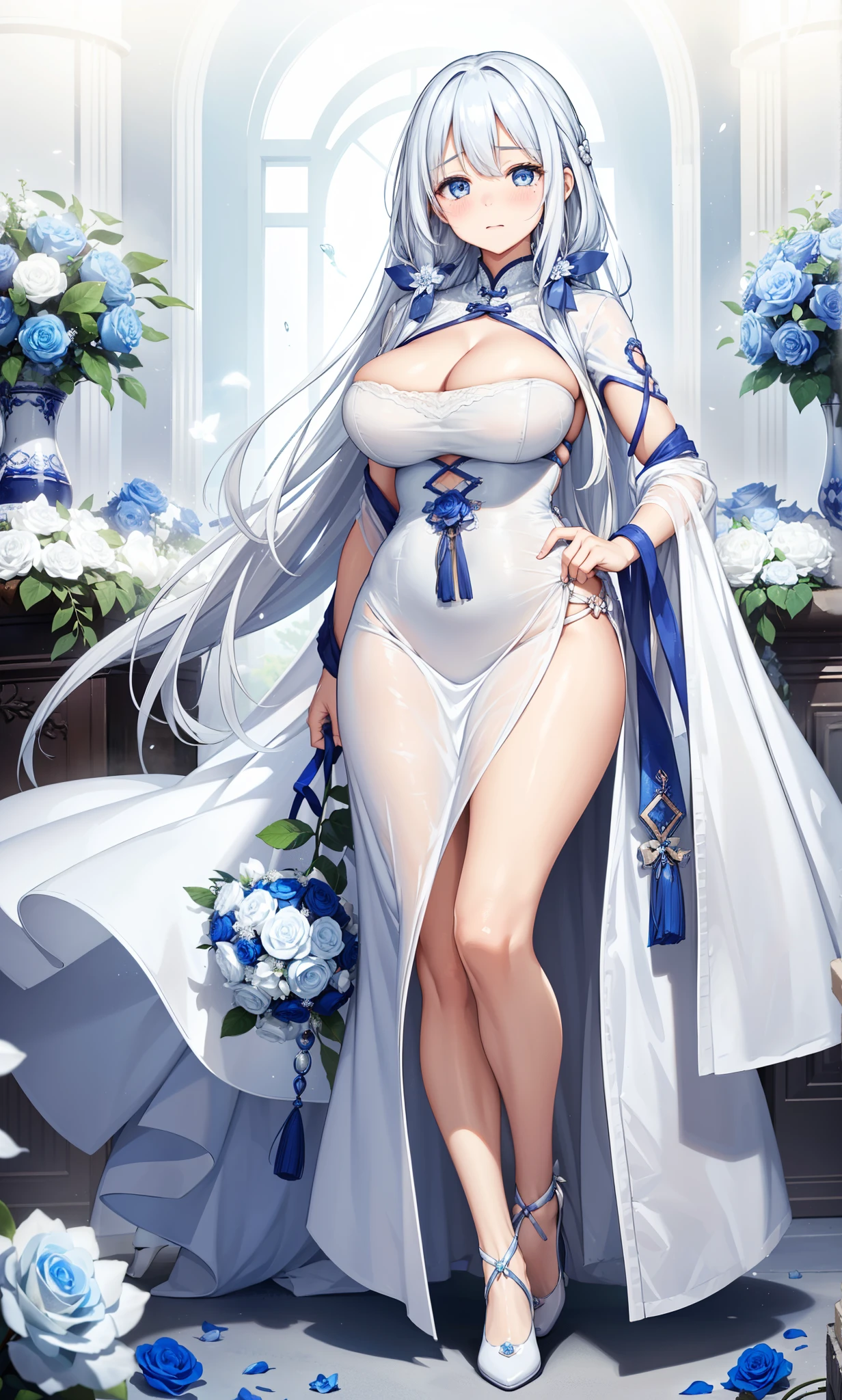 A fragile woman of a certain age with an aura of sadness、She is holding a bouquet of blue roses wrapped in white in front of her chest.、I am so emotional I am crying、Round, droopy blue eyes、Fine wavy long white hair、Medium breasts and curvy legs、White Wedding Dress、Wearing glass heels、Standing pose