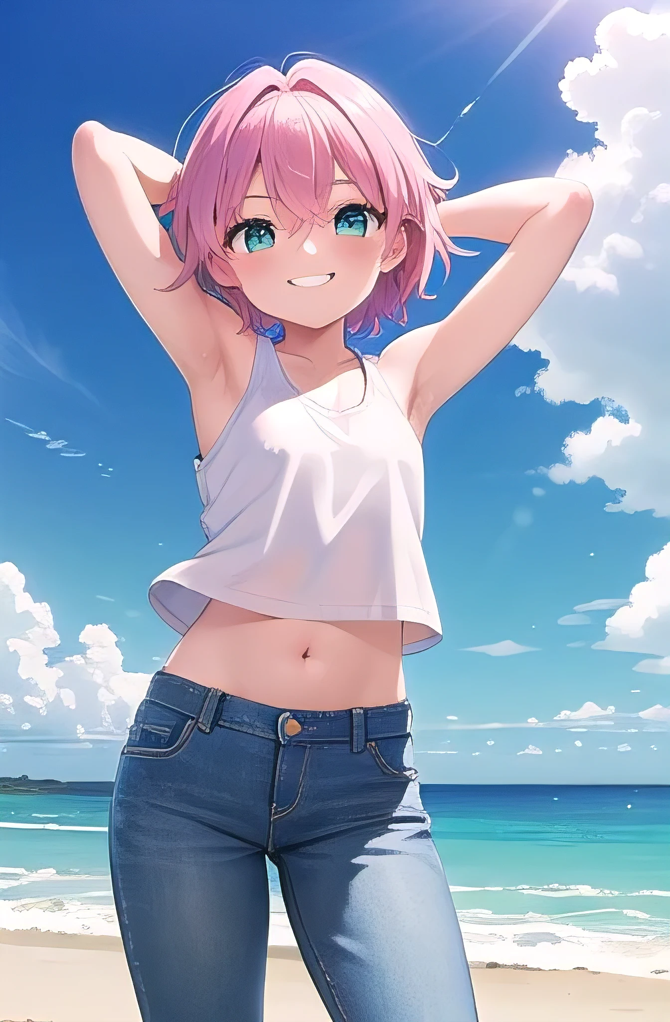 masterpiece,best quality,ultra detail,1girl, ****,smile happy,in the beach,sunshine,cloud,pink lob hair, green eyes, pink hair,Raise your arms and behind your head,White teeth,tank tops,jeans, wind, midriff peek,