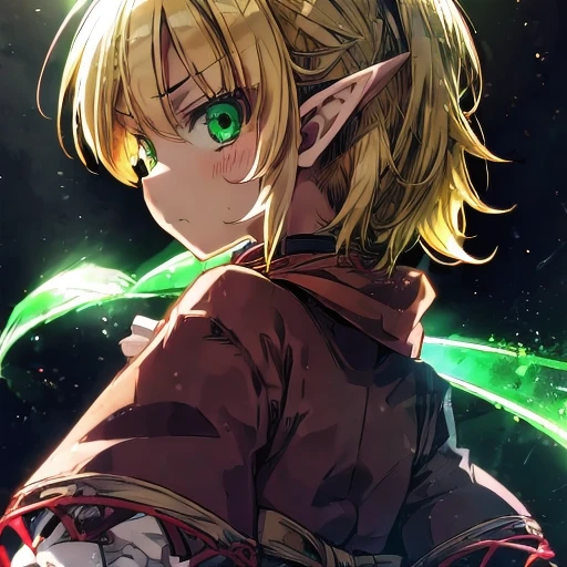 glower, au \(d elete\),mizuhashi parsee, 1girl, blonde hair, pointy ears, ponytail, short hair, green eyes, scarf, arm warmers, skirt, darkness, glowing eyes, look back, Jealousy, resentment, envy, anger, raised eyebrows,